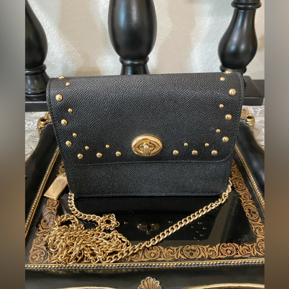 COACH F44964 Bowery Studded Black Crossgrain Leather Turnlock Flap Crossbody - Picture 7 of 14